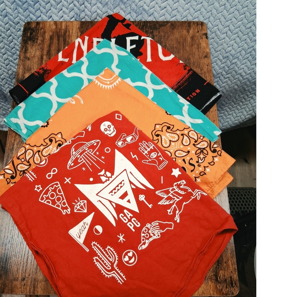 Lot of 4 Graphic Bandanas Titos Vodka GA PC UFO Pizza Geometric Red Orange Teal
